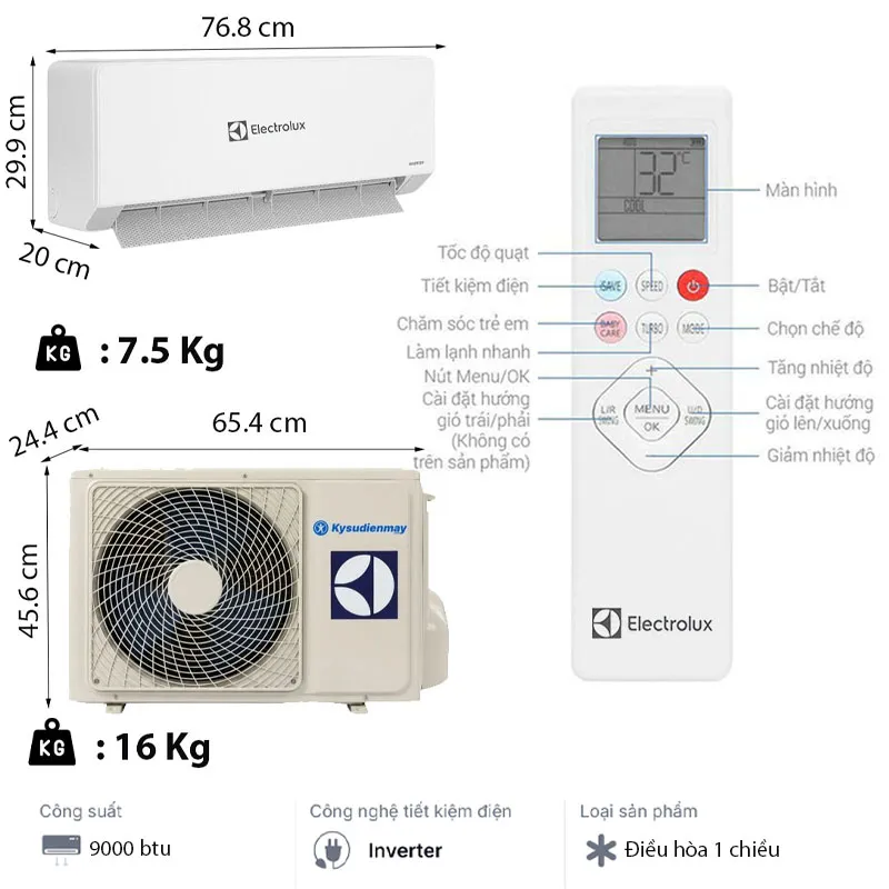 thông số kỹ thuật điều hoà Electrolux 9000btu ESV09C6CF