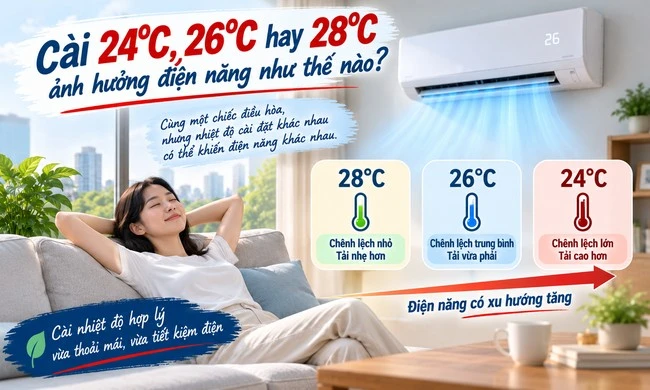 Cài 24°C, 26°C hay 28°C ảnh hưởng điện năng như thế nào?