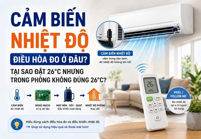 Cảm biến nhiệt độ của điều hòa đo nhiệt độ ở đâu? Tại sao đặt 26 độ C nhưng trong phòng không đúng như vậy?