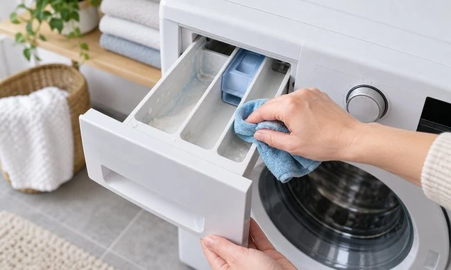 Vệ sinh ngăn chứa chất giặt tẩy, nước xả và đường cấp hóa chất máy giặt đúng cách