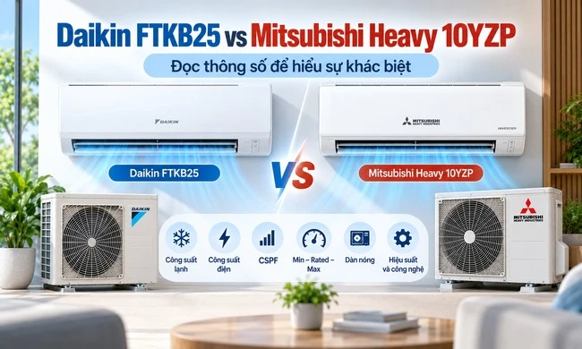 Thông số kỹ thuật điều hòa Daikin FTKB25 VS Mitsubishi Heavy 10YZP