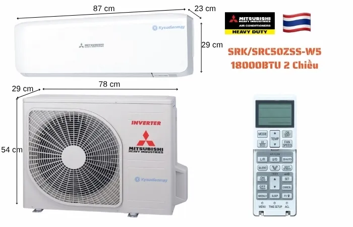 Thông số kỹ thuật điều hoà Mitshubishi Heavy 18000BTU 2 chiều inverter SRK/SRC50ZSS-W5