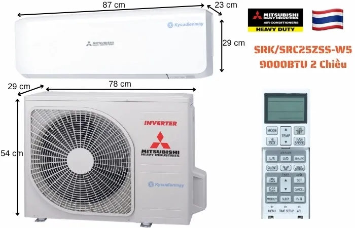 Thông số kỹ thuật điều hoà Mitsubishi Heavy 9000BTU 2 chiều inverter SRK/SRC25ZSS-W5