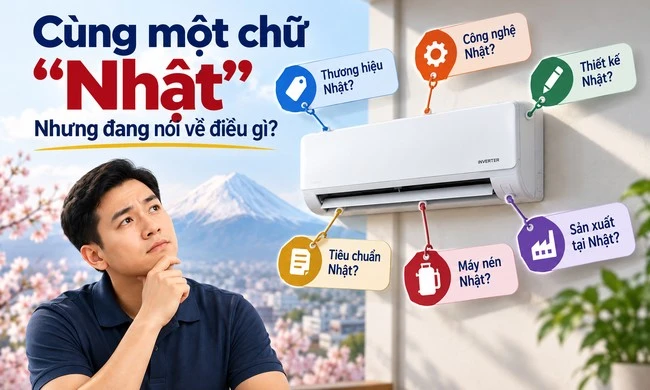 Thương hiệu Nhật, công nghệ Nhật, thiết kế Nhật, tiêu chuẩn Nhật, máy nén Nhật, sản xuất tại Nhật — sáu khái niệm khác nhau