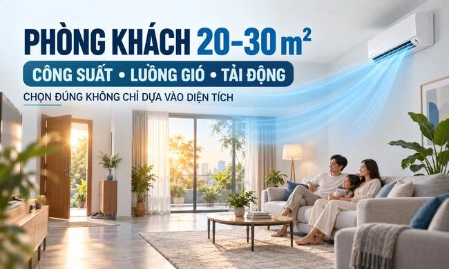Phòng khách 20–30 m²: công suất, luồng gió và tải động