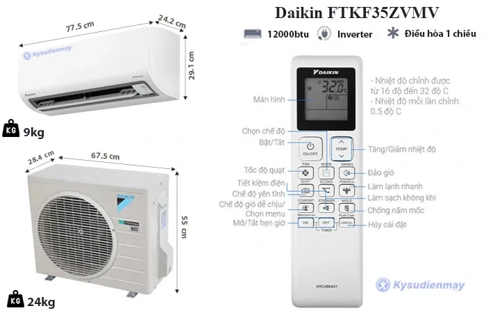 thông số Điều Hoà Daikin 12000BTU 1 Chiều Inverter Cao Cấp FTKF35ZVMV