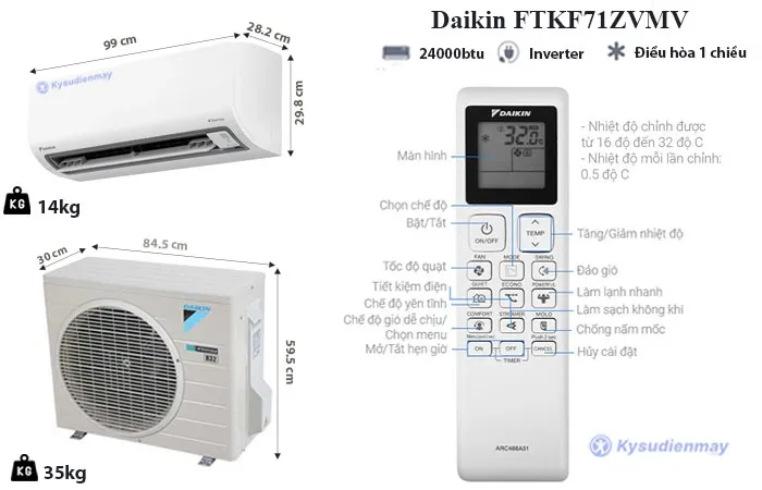thông số kỹ thuất điều hoà Daikin 24000BTU 1 chiều Inverter FTKF71ZVMV