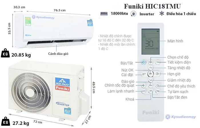 thông số kỹ thuật điều hòa 18000btu 1 chiều inverter hic18tmu