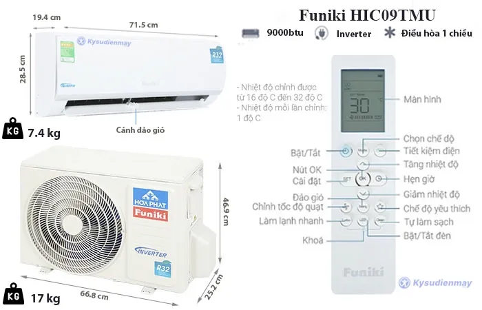 thông số kỹ thuật điều hòa funiki 9000btu 1 chiều inverter hic 09tmu