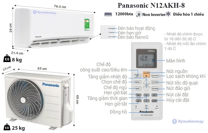 thông số kỹ thuật điều hào Panasonic 12000BTU 1 chiều CU/CS-N12AKH-8
