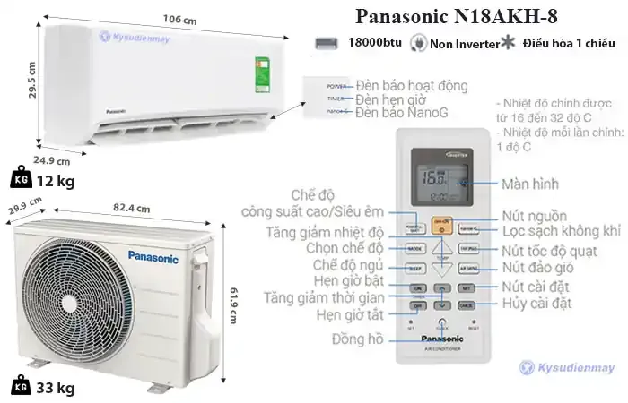 thông số kỹ thuật điều hào Panasonic 18000BTU 1 chiều CU/CS-N18AKH-8