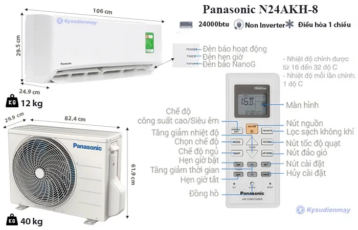 thông số kỹ thuật điều hào Panasonic 24000BTU 1 chiều CU/CS-N24AKH-8