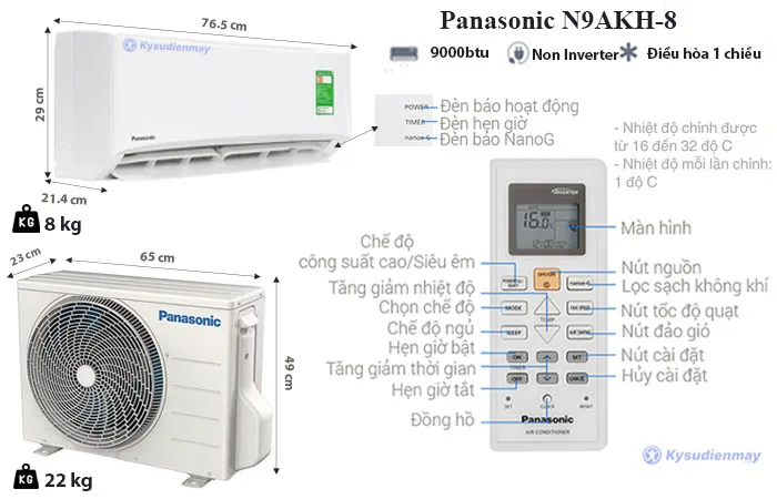 thông số kỹ thuật điều hòa Panasonic 9000 btu 1 chiều N9AKH-8
