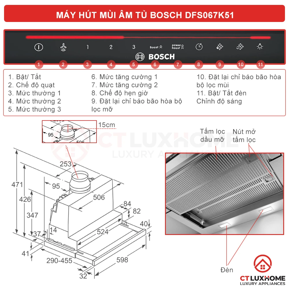 Mảy Hút Mùi Âm Tủ Bosch DFS067K51 Seri 8, 60cm