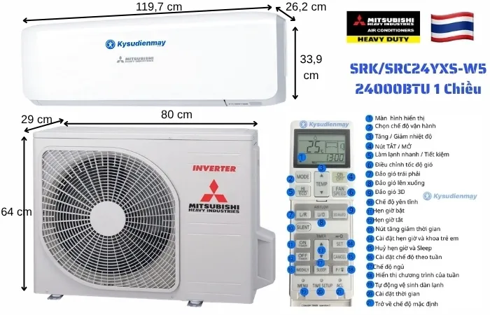 Ảnh thông số kích thước dàn nóng và dàn lạnh điều hoă Mitsubishi Heavy SRK/SRC24YXS-W5