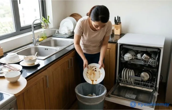 Gạt bỏ thức ăn thừa trước khi cho bát vào máy rửa