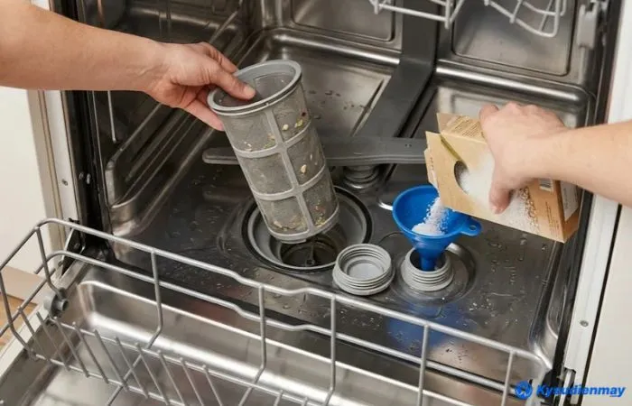 Vệ sinh rọ lọc rác 3 lớp và hộc chứa muối làm mềm nước ở đáy lồng máy rửa bát