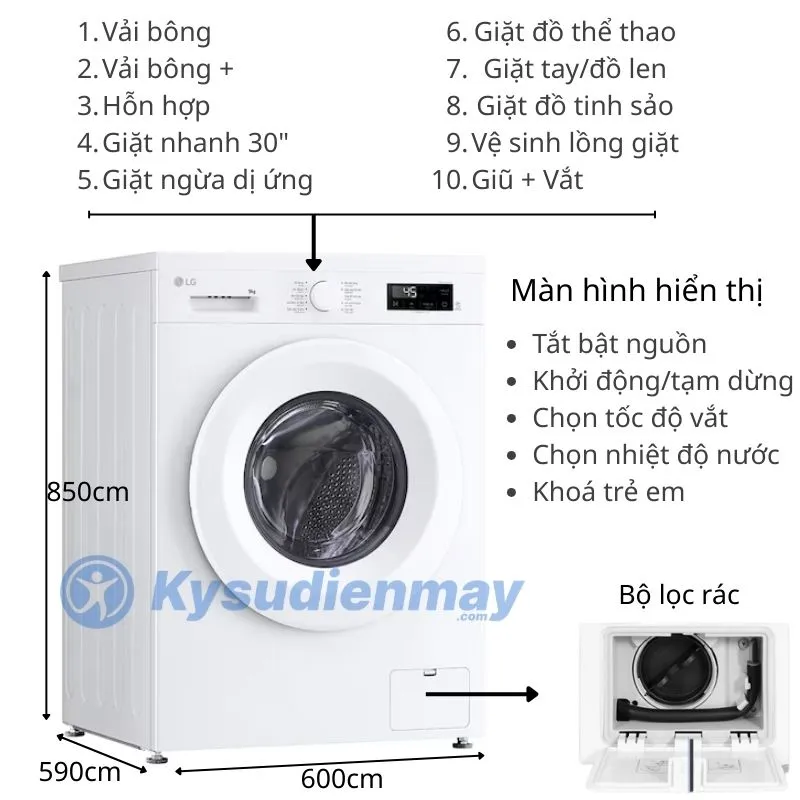 Thông số kỹ thuật và chương trình giặt của máy giặt LG 9kg FB1209S5W