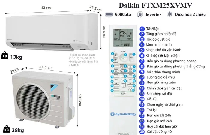 thông số kỹ thuật điều hòa daikin 9000 btu 2 chiều inverter ftxm25xvmv