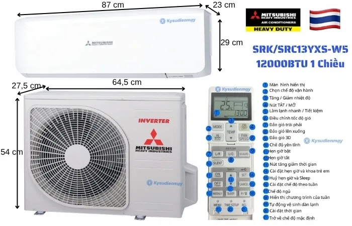Thông số kích thước điều hoà Mitsubishi Heavy SRK/SRC13YXS-W5