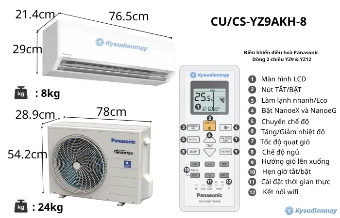 Thông số kích thước điều hoà panasonic 9000BTU 2 chiều inverter CU/CS-YZ9AKH-8