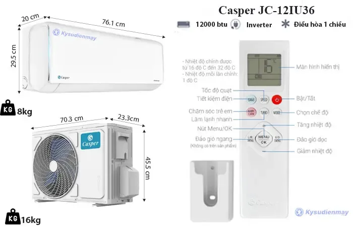 Thông số kỹ thuật điều hòa casper 12000btu 1 chiều inverter jc-12iu36