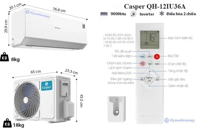 thông số kỹ thuật điều hòa casper 12000btu 2 chiều inverter qh-12iu36a