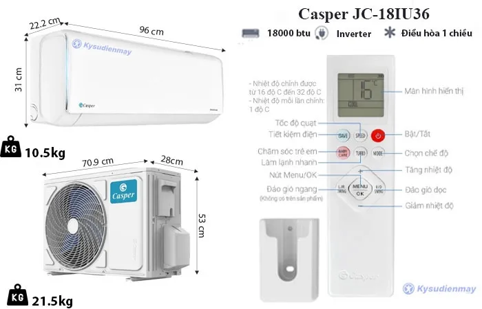 thông số kỹ thuật điều hòa casper 18000btu 1 chiều inverter jc-18iu36