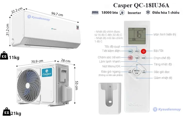 thông số kỹ thuật điều hòa casper 18000 btu 1 chiều inverter qc-18iu36a
