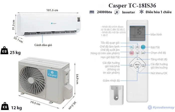 thông số kỹ thuật điều hòa casper 18000 btu 1 chiều inverter