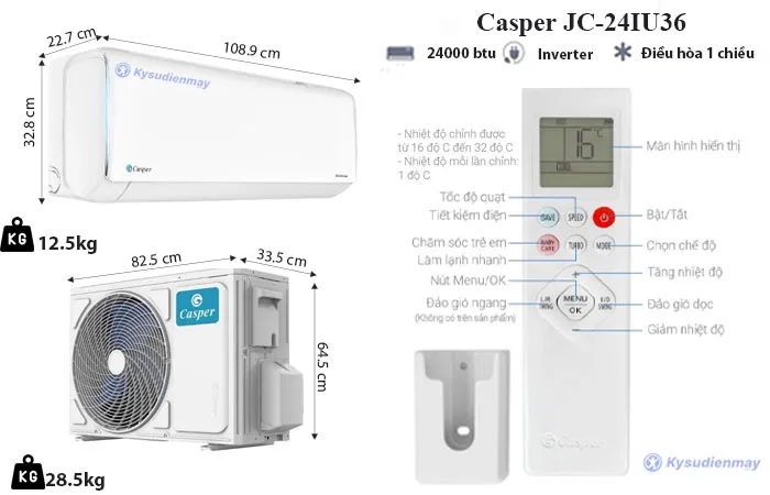 thông số kỹ thuật điều hòa casper 24000btu 1 chiều inverter jc-24iu36