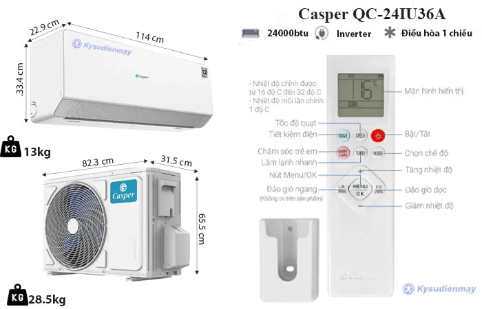thông số kỹ thuật điều hòa casper 24000btu inverter 1 chiều qc-24iu36a