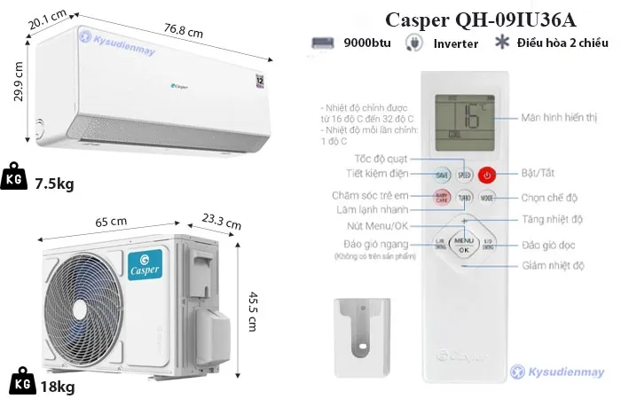 thông số kỹ thuật điều hòa casper 9000btu 2 chiều inverter qh-09iu26a