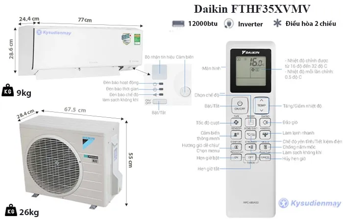 thông số kỹ thuật Điều Hòa Daikin 12000BTU 2 Chiều Inverter FTHF35XVMV