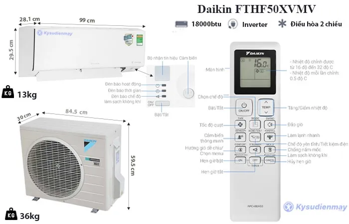 Thông số kỹ thuật điều hòa daikin 18000 btu 2 chiều inverter FTHF50XVMV