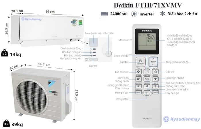 Thông số kỹ thuật Điều Hòa Daikin 2 Chiều 24000BTU Inverter gas R32 FTHF71VAVMV