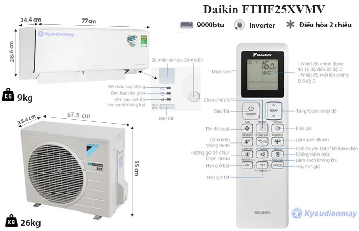 thông số kỹ thuật Điều Hòa Daikin 9000BTU 2 Chiều Inverter FTHF25XVMV