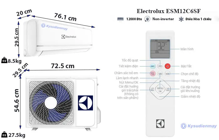 Thông số kỹ thuật điều Hoà Electrolux 12000BTU 1 Chiều ESM12C6SF