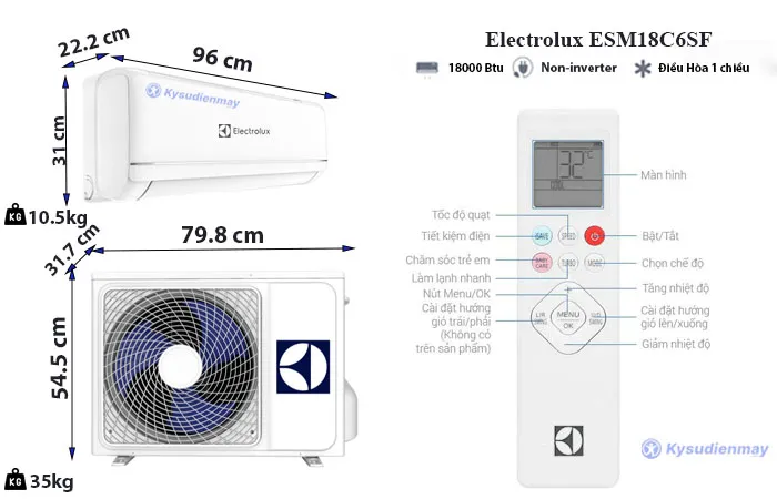 Thông số kỹ thuật điều Hoà Electrolux 18000BTU 1 Chiều ESM18C6SF