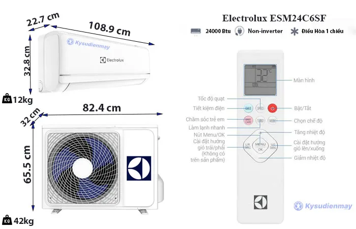 Thông số kỹ thuật điều Hoà Electrolux 24000BTU 1 Chiều ESM24C6SF