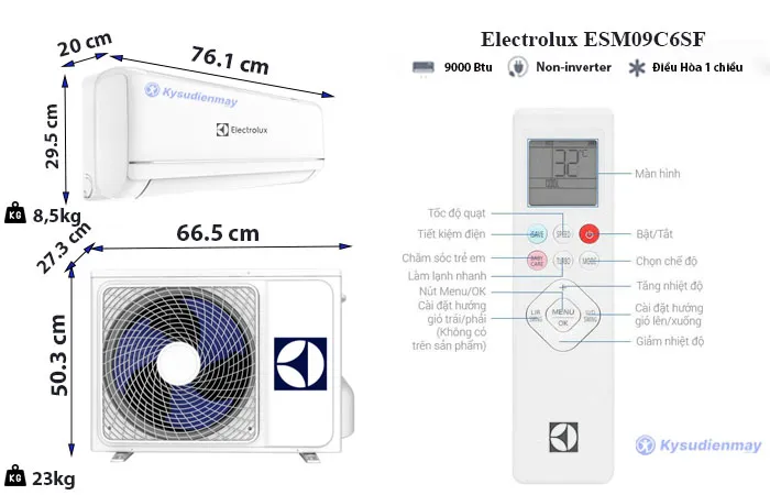 Thông số kỹ thuật điều Hoà Electrolux 9000BTU 1 Chiều ESM09C6SF