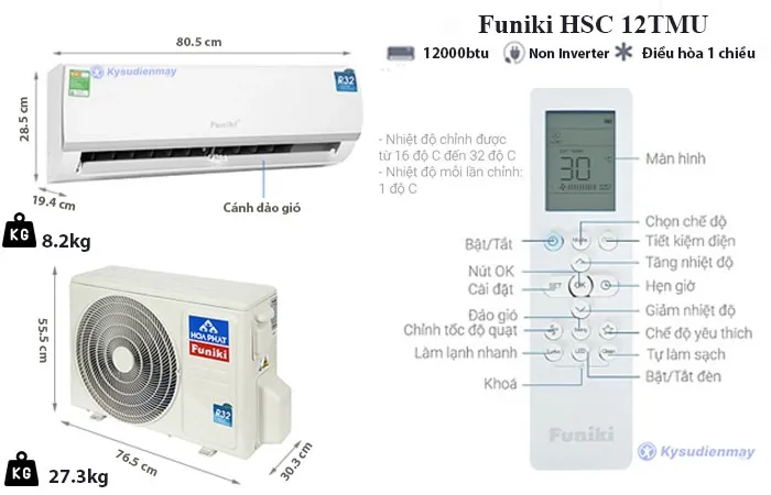 thông số kỹ thuật điều hòa Funiki 12000 btu 1 chiều hsc 12tmu