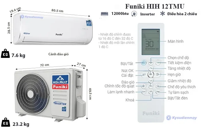 thông số kỹ thuật điều hòa funiki 2 chiều inverter hih 12tmu
