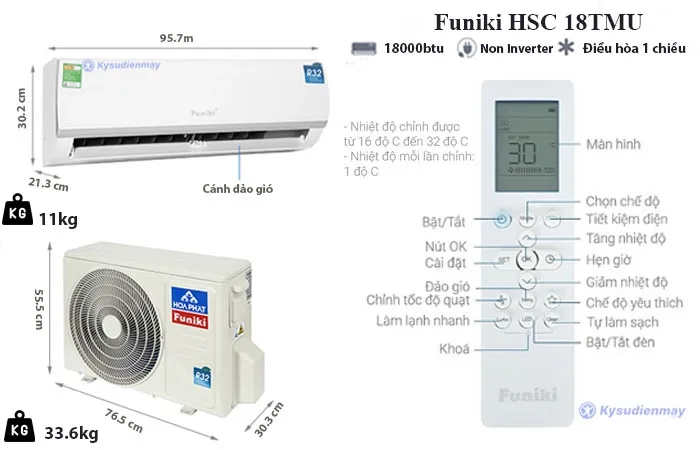 thông số kỹ thuật điều hòa funiki 18000 btu 1 chiều hsc18 tmu