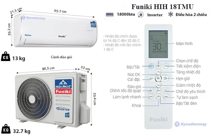 thông số kỹ thuật điều hòa funiki 18000 btu 2 chiều inverter hih18