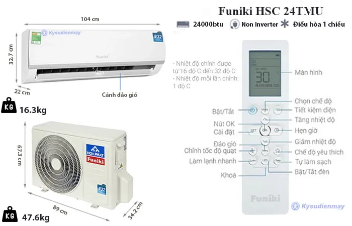 thông số kỹ thuật điều hòa funiki 24000 btu 1 chiều hsc 24 tmu