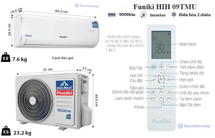 thông số kỹ thuật điều hòa funiki 9000 btu 2 chiều inverter