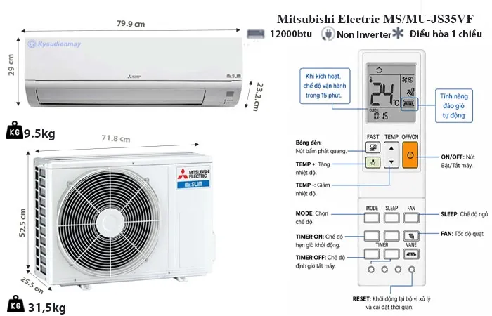 thông số kỹ thuật Điều Hòa Mitsubishi Electric 12000BTU 1 Chiều MS-JS35VF