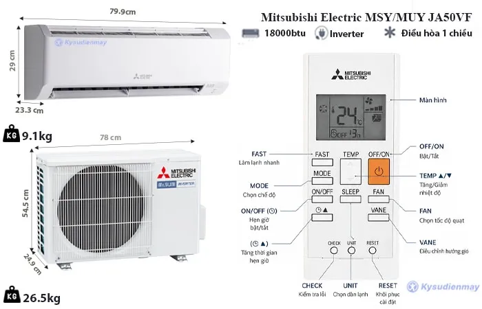 thông số kỹ thuật Điều Hòa Mitsubishi Electric 18000BTU 1 Chiều Inverter JA50VF