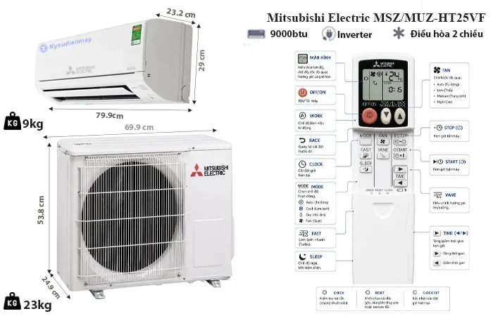 thông số kỹ thuật Điều Hòa Mitsubishi Electric 9000BTU 2 Chiều Inverter MSZ/MUZ-HT25VF